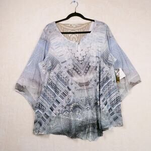 NWT Unity World Wear Blue Top Size 2X XXL Bell Sleeves Crochet Back Boho Mama